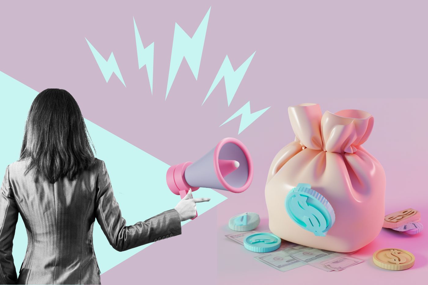 Frau von hinten mit Megafon und Geldbeutel